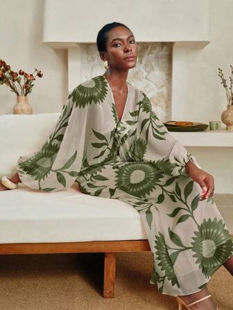 Arave Women's 2pcs Women Chiffon Floral Print Bat Wing Sleeve Loose Casual Resort Outfit, Lounge Sets For Women, Blouse And Pants Set, Pant Suit Summer Sets, Two Piece Set Women, Floral Two Piece Outfit