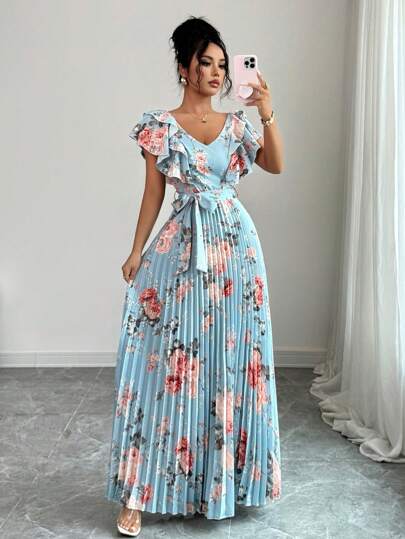 Elenzga V-Neck Digital Print Flounced Waisted Romantic Elegant Resort Wear Dress For Women