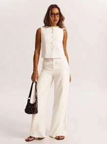 SHEIN BAE 1 Áo không tay vải lanh mùa hè, thoải mái, tối giản, giản dị, có nút cài, thích hợp cho bữa sáng muộn, đi chơi, hẹn hò, đi làm, du ngoạn, áo cánh nữ - Màu be - Xem 6