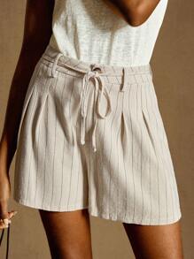 Écloséra French Vintage Style Women's Summer Striped Casual Shorts - Khaki - View 6