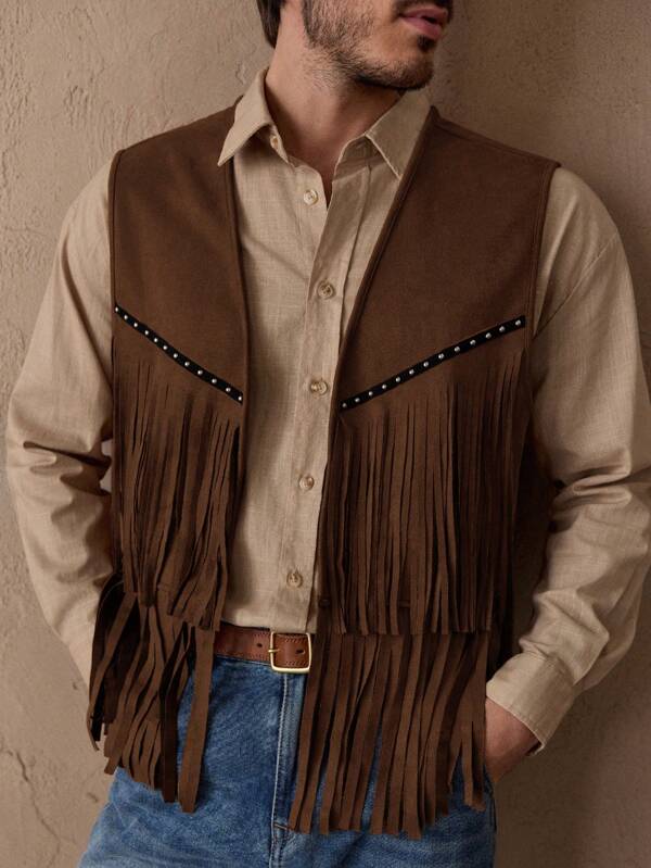 HIMLAND Men's Fashionable Twill Young Casual Slim Fit Deep Khaki Lush Jacket Mens Fringe Vest Western Wear For Men Rodeo Outfits For Men Mens Western Accessories Mens Country Concert Outfit