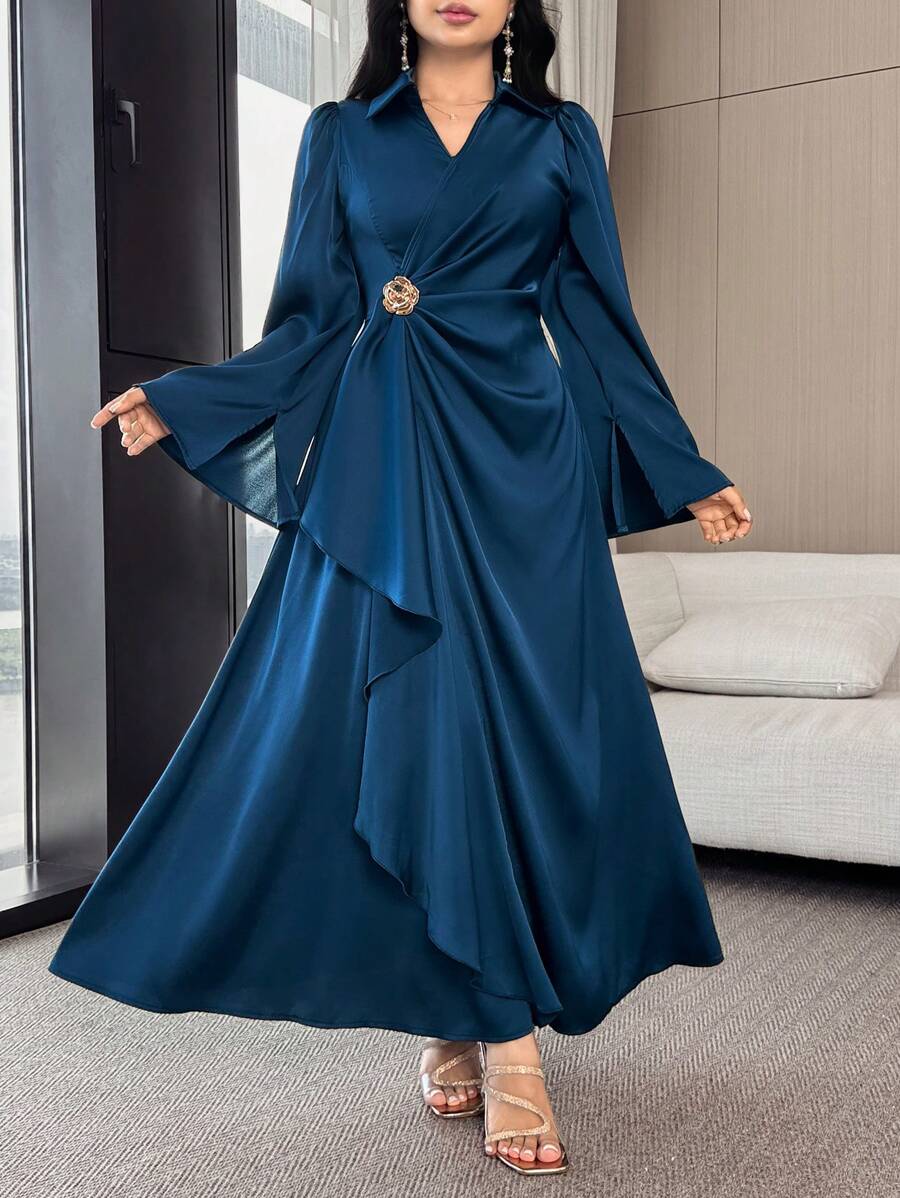 Modelyn 女士优雅纯色喇叭袖裹身连衣裙 - 藍色 - 查看 1