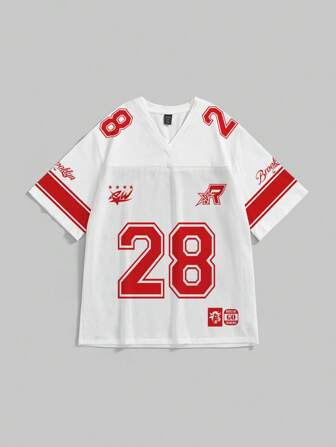 Street Life قميص تي شيرت رياضي للسيدات أكمام قصيرة مطبوع بنقشة عامة على الشبك بالأبيض والأحمر فضفاض