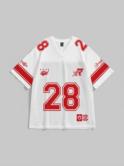 Street Life Camiseta de manga corta holgada de señoras con estampado de malla en todo el blanco y rojo