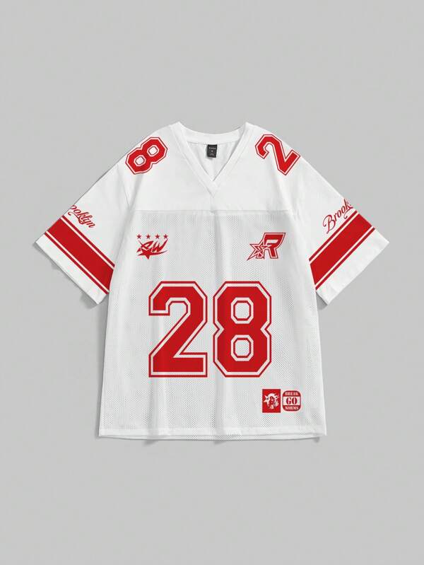 ROMWE Street Life Sporty Loose White & Red Allover Print Mesh Ladies Short Sleeve T-Shirt