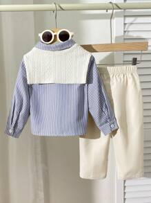 SHEIN Set de 3 piezas ropa casual multifuncional para bebé niño: impermeable, camisa a rayas con cuello y pantalones de cintura elástica, adecuado para ir al trabajo, a la escuela, casual, vacaciones, bodas y otras ocasiones, de 6 meses a 3 años, ropa para niños y bebés