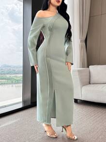 Modelyn 女式纯色不对称领口修身优雅长袖连衣裙 - 薄荷綠 - 查看 4
