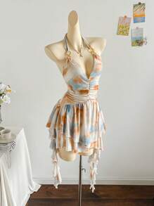 Soleia 度假浪漫领结针织网眼蓝色花卉印花女式连衣裙 - 彩色 - 查看 5