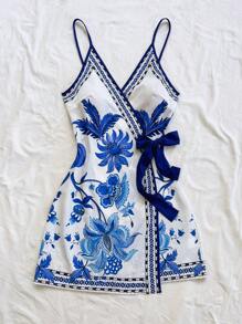 Soleia Vestido corto envolvente de tirantes finos con elementos tropicales, hojas de palma y árbol de coco, estilo de vacaciones, vestido floral azul y blanco para mujer, vestido de verano de vacaciones - Azul - Ver 3