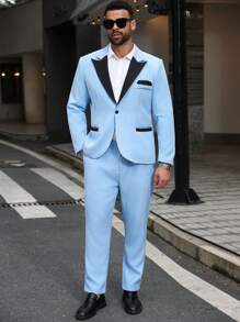 Calvornis Conjunto de chaqueta y pantalón de traje con contraste de color para hombres de talla grande - Celeste - Ver 4