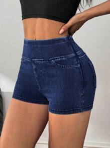 SHEIN PETITE 女士牛仔短裤休闲紧身弹力迷你短裤，蓝色 - 深色水洗藍 - 查看 6