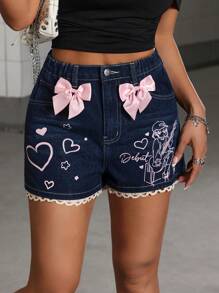 Teen Girls Sweet 2D Heart Print Pocket Bowknot Decor A-Line Mid-Waist Fashion Denim Shorts, Summer
