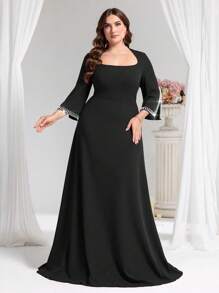 Coutiva Plus Size Beaded Formal Evening Gown With Square Neck Collar - Black - View 6