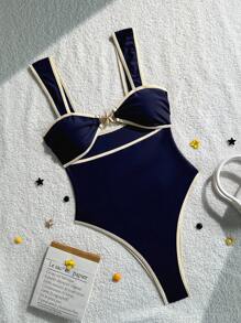 Costavie Women's Holiday Party Beach One Piece Swimsuit Swimming Costume In Black & White Nylon Material For Summer Beach Vacation - Navy Blue - View 3