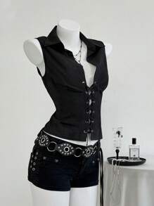 SHEIN Unity Camisa sin mangas con botones y ojales, de unicolor, para verano - Negro - Ver 7