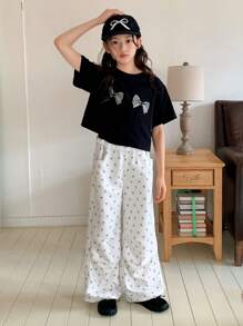 Dazy Kids Tween Girls Graphic Print Round Neck Knit Short Sleeve T-Shirt + Pants 2Pcs Set, Fall Outfit - Black - View 1