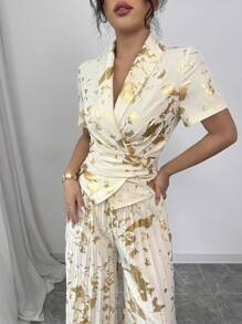 Elenzga Halloween Costume Champagne Foil Fabric Wrap Top And Wide Leg Pleated Pants 2 Pieces Set For Women - Apricot - View 4