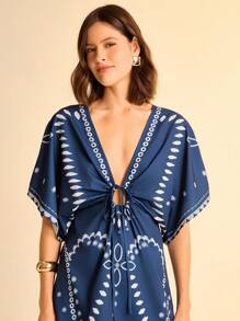 CAJUNI Women's Resort Casual Boho Navy Blue & Floral Print V-Neck Batwing Sleeve Adjustable Waist Tie Vacation Style Short Dress