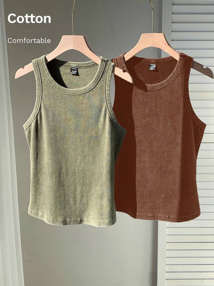 Comfortcana 女士休闲基本款棉质针织短款上衣和下装套装，双色，适合夏季