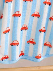 婴幼儿男童蓝白条纹可爱毛绒连帽长袍，带橙色汽车图案 - 藍白色 - 查看 7