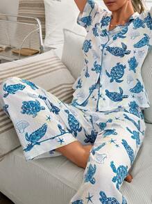 女式翻领熊印花开衫睡衣套装 - 藍白色 - 查看 7