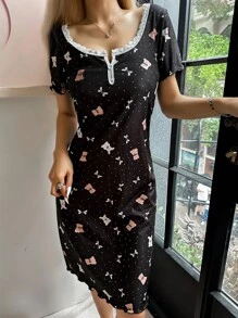 Lace Splice Square Collar 2-Button Teddy Bear & Bow Print Ribbed Short Sleeve Nightgown - Black - View 5