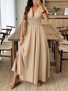 Breezaya 女式度假纯色深褶皱短袖系腰中长连衣裙 - 卡其色 - 查看 4