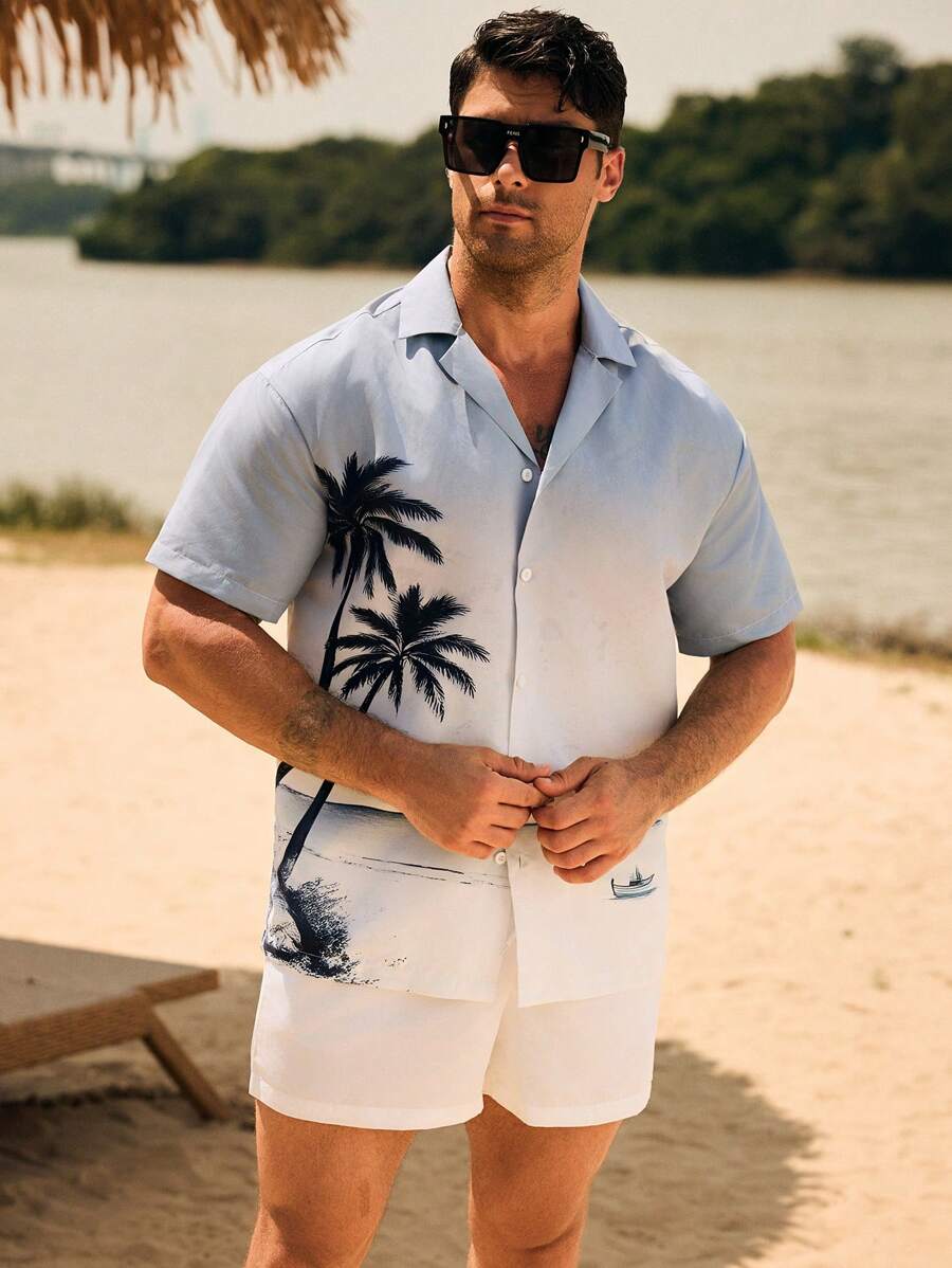 Manfinity Swimmode Men's Palm Tree Print Short Sleeve Shirt And Shorts Beach Outfit - Light Grey - View 1