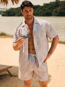 Manfinity Men's Tropical Plant Printed Shirt And Shorts Beach Set Men Beach Wear Sets Men Vacation Outfit Men Resort Wear