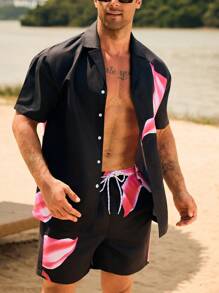 Manfinity Swimmode 男士花卉印花短袖单排扣衬衫和短裤沙滩套装