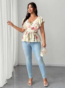 Celure Plus Size Women's Elegant Floral Print V-Neck Ruffle Sleeve Gathered Waist Blouse