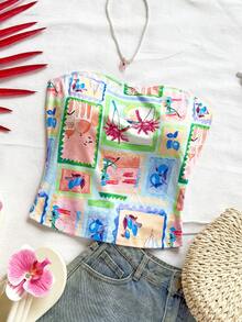 Soleia Women's Cozy Knitted Tube Top, Ocean Life & Beach Print, Suitable For Vacation Summer Summer Tube Top Tropical Top Summer Top - Multicolor - View 3