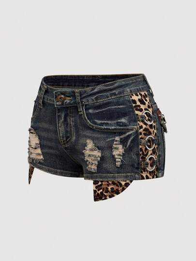 J-Fashion Pantaloncini di jeans super skinny a vita ultra bassa con stampa leopardata in stile Kpop Y2K Gyaru retrò, taglie forti