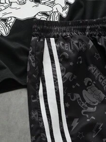 ROMWE MEN Nick 90's X ROMWE 男式卡通图案撞色装饰背心和侧条纹短裤套装 - 彩色 - 查看 5