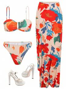 Swim Oasis 3pcs/Set New Spring/Summer Multi-Color Floral Random Print Off-Shoulder Backless Elegant Bohemian Vacation Casual Beach Party Bikini Set, Ruffle Hem Maxi Skirt & Beach Cover Up Dress Swimsuit - Multicolor - View 4