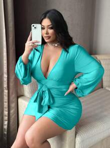SHEIN LUNE Plus Size Women Red Ruched Tie Front Lantern Sleeve Bodycon Dress, Valentines Day - Blue - View 1