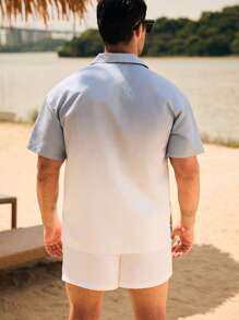 Manfinity Swimmode Men's Palm Tree Print Short Sleeve Shirt And Shorts Beach Outfit - Light Grey - View 2