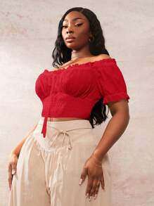 SHEIN SXY Women's Plus Size Bohemian Solid Color Ruffle Off Shoulder Short Sleeve Blouse Red Off The Shoulder Top Red Off Shoulder Crop Top Red Crop Top
