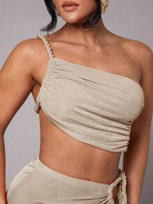 Silquee Women's Solid Color Ruched Cropped Top, Suitable For Commuting, Daily Wear, Vacation, Spring Break, Beach, Night Out, Girls' Gathering, Beach Party, Pool Party, Dressy Tops One Shoulder Tops, Going Out - Apricot - View 8