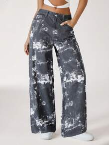 SHEIN EZwear Pantalones vaqueros holgados de pierna ancha con estampado de teñido anudado y talle bajo para mujer - Multicolor - Ver 4