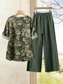 Rusticease 2 件套女士假日休闲花卉印花衬衫和裤子，夏季套装女士假日撞色优雅休闲宽松上衣阔腿裤套装抹胸和裤子套装女士夏装女士两件套假日连衣裙女士假日两件套波西米亚风格女装 - 綠色 - 查看 2