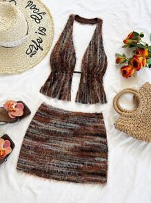 Soleia Women's Vacation Style Allover Print Backless Halter Top And Frayed Hem Skirt 2-Piece Set Brown Two Piece Set Women Fuzzy Two Piece Set Boho Two Piece Set  Fall Women Clothes Fall Outfits  Winter Clothes Back To School  Christmas Clothes Date Night Outfits Women   Punk Off The Shoulder Sweate,Sexy Top - Coffee Brown - View 5