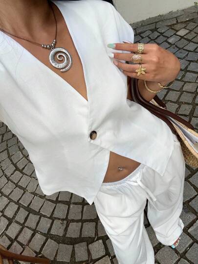 SHEIN EZwear Country Concert All White Vacation Casual Commuting White Woven Jacket