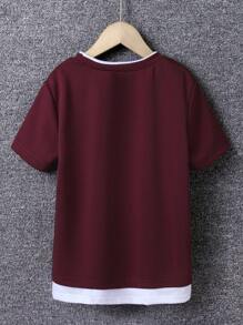 SHEIN Tween Boy Casual Everyday Street Short Sleeve Letter Printed 2-In-1 T-Shirt, Summer - Burgundy - View 2