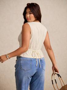 Elaquor Plus Size Women's Metallic Decor Solid Textured Tank Top - Black - View 2