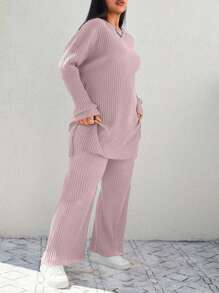 SHEIN Cottnline 2pcs/Set Plus Size Solid Color Ribbed Crew Neck Long Sleeve Top And Pants - Baby Pink - View 5