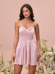 Glamine Rochie mini-bandeau din satin pentru femei, rochie de domnișoare de onoare, ținută pentru sezonul nunților, potrivită pentru ieșiri, întâlniri și întâlniri cu prietenii