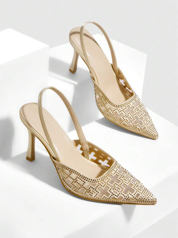 CUCCOO SZL Women's Fashion Pointed Toe Rhinestone Gold Mesh Satin Party Stiletto Heel Slip-On Pumps
