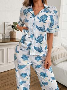 女式翻领熊印花开衫睡衣套装 - 藍白色 - 查看 5