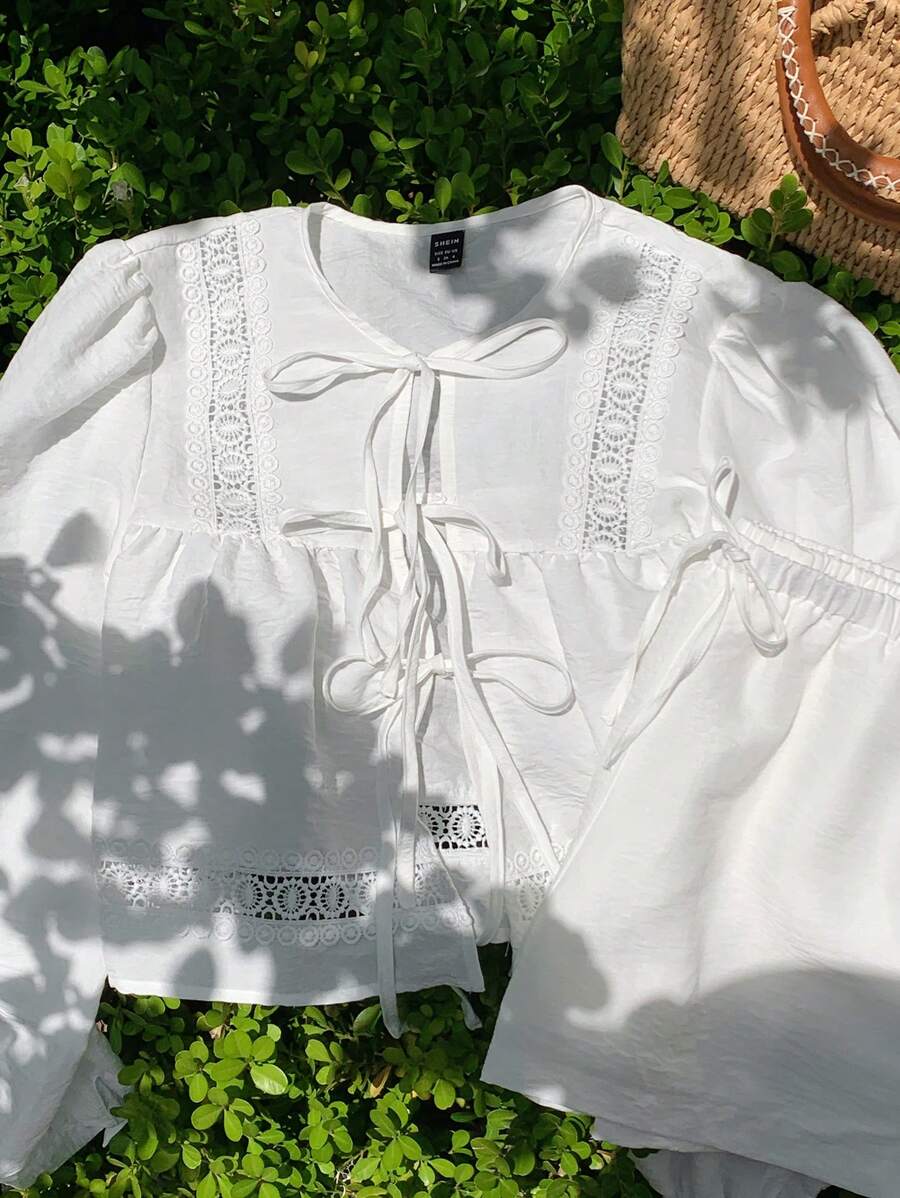 Comfortcana Conjunto casual de 2 piezas con camisa blanca de encaje tejido y pantalones cortos - Blanco - Ver 1
